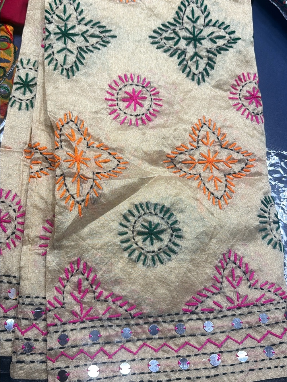Embroidered golden cotton silk Indian scarf/ dupatta  Pink, Orange & Green